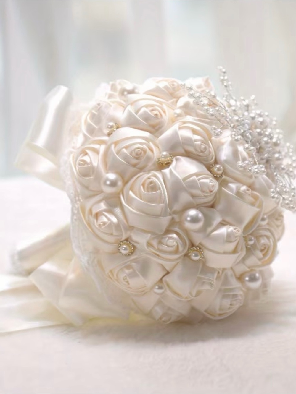 Elegant Satin Rose Bridal Bouquet in Ivory